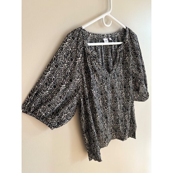 GAP Black & White Boho Floral Metallic Print Puff Sleeve Blouse Size Large - Picture 3 of 12
